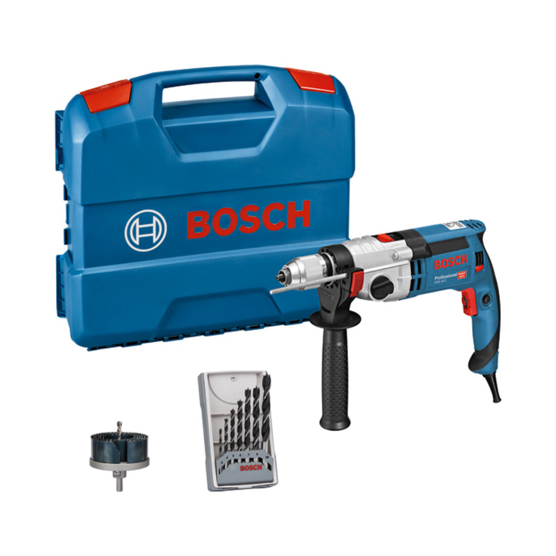 Bosch Schlagbohrmaschine GSB 24-2 mit 7-teiligem Holzbohrer-Set Lochsäge-Set