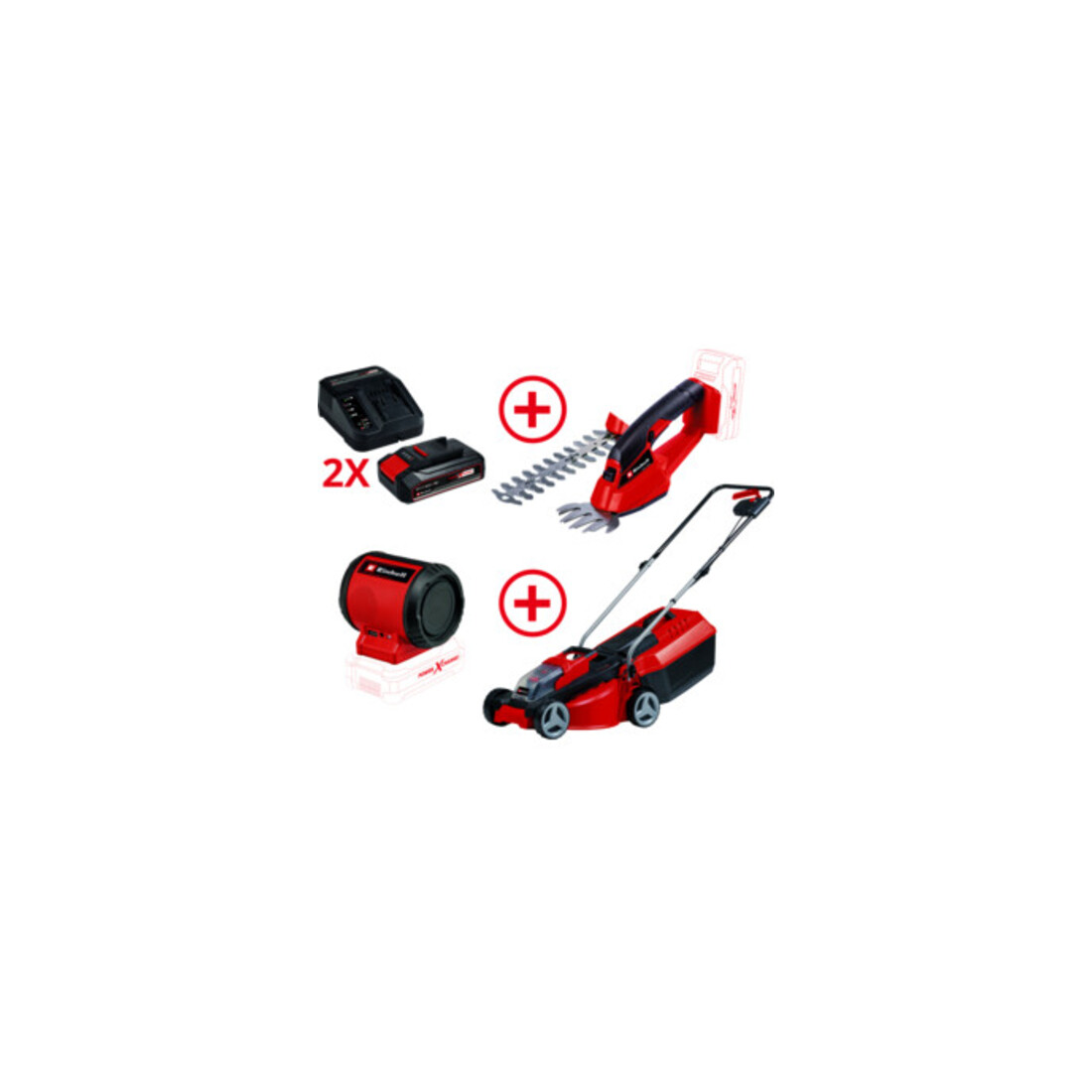 Einhell Akku-Rasenmäher + Akku-Gras- und Strauchschere + 2x 2
