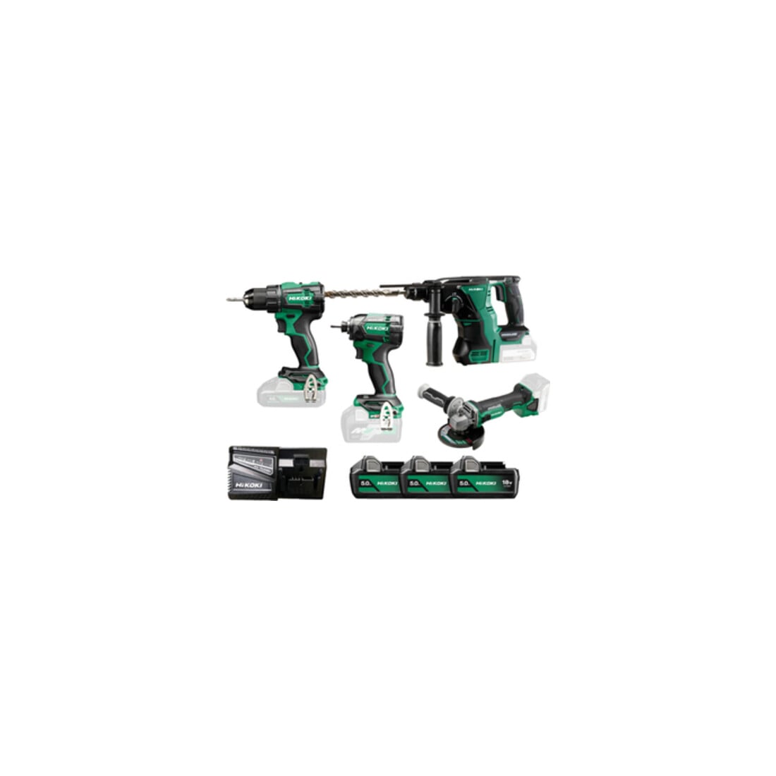HiKOKI Combo-Kit Akku-Bohrschrauber + Schlagschrauber + Winkelschleifer + Bohr-/Meißelhammer KC18DE-3