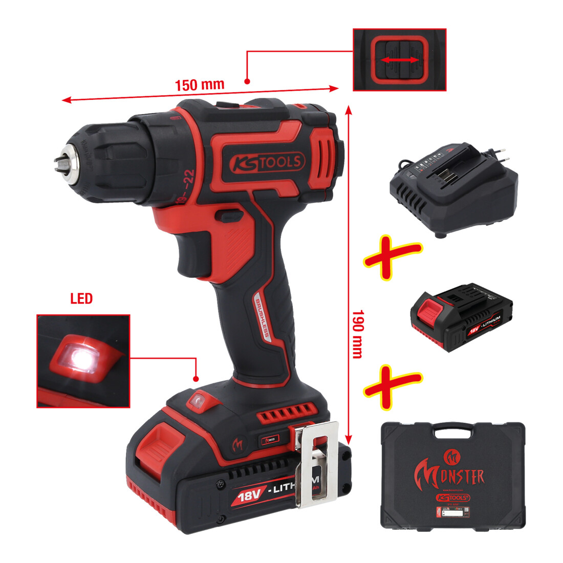 KS Tools eMONSTER Brushless-Akku-Bohr-Schrauber-Satz