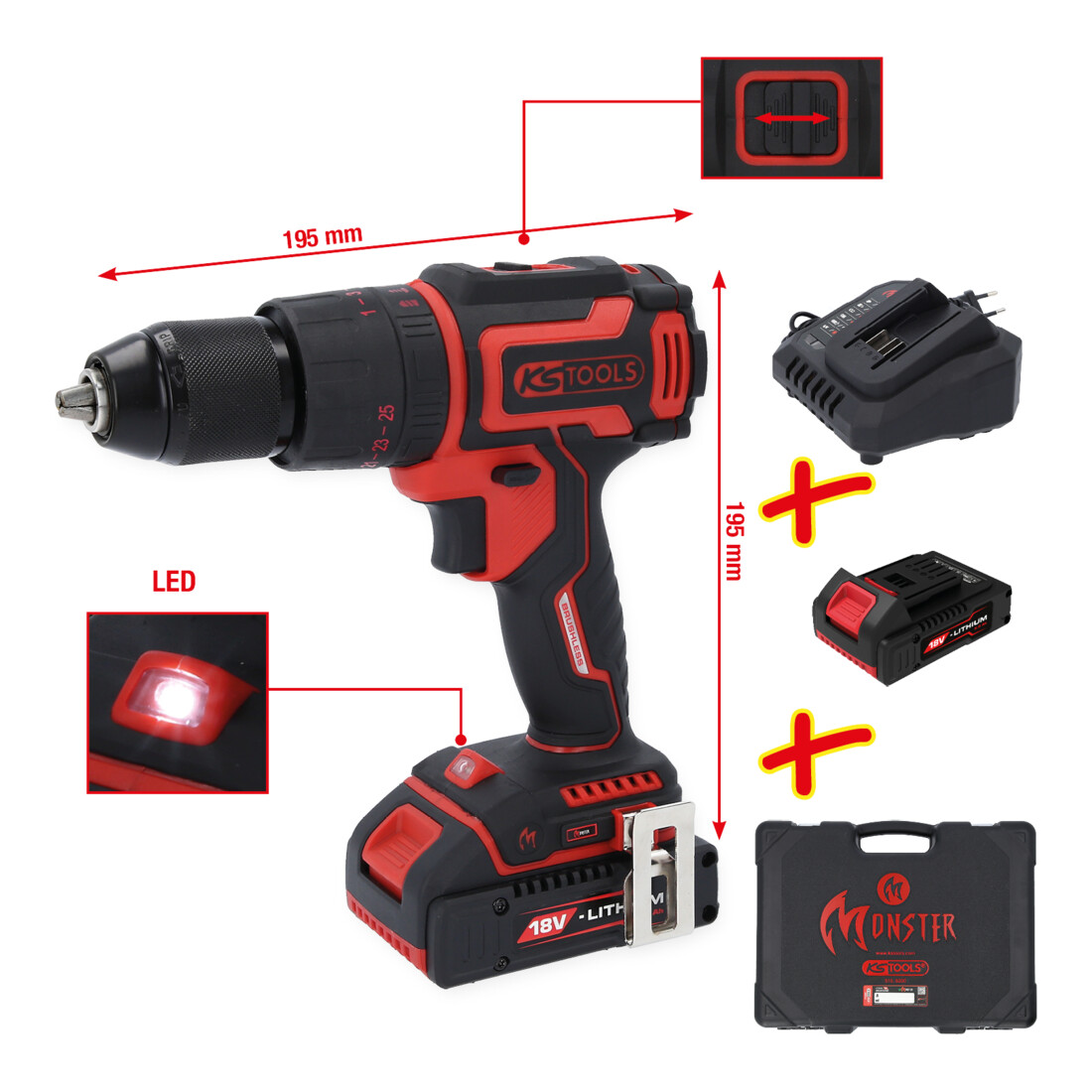 KS Tools eMONSTER Brushless-Akku-Schlag-Bohr-Schrauber-Satz