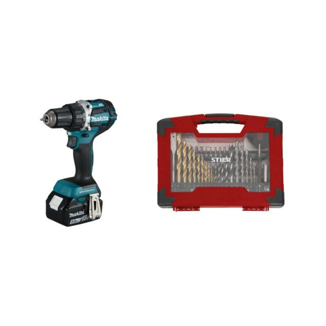 Makita Akku-Bohrschrauber DDF484RTJ 18V / 5Ah mit 100-teiligem Zubehör-Set
