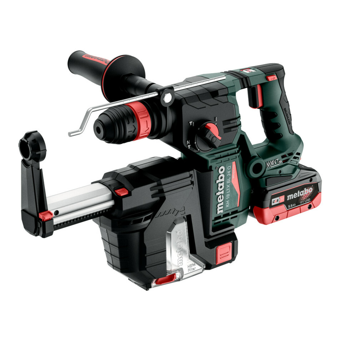 Metabo Akku-Kombihammer KH 18 LTX BL 24 Q Set ISA mit integrierter Staubabsaugung und Metabo-Quick-Wechselfutter ; metaBOX 185 XL; 18V 2x5.5Ah LiHD + ASC 145