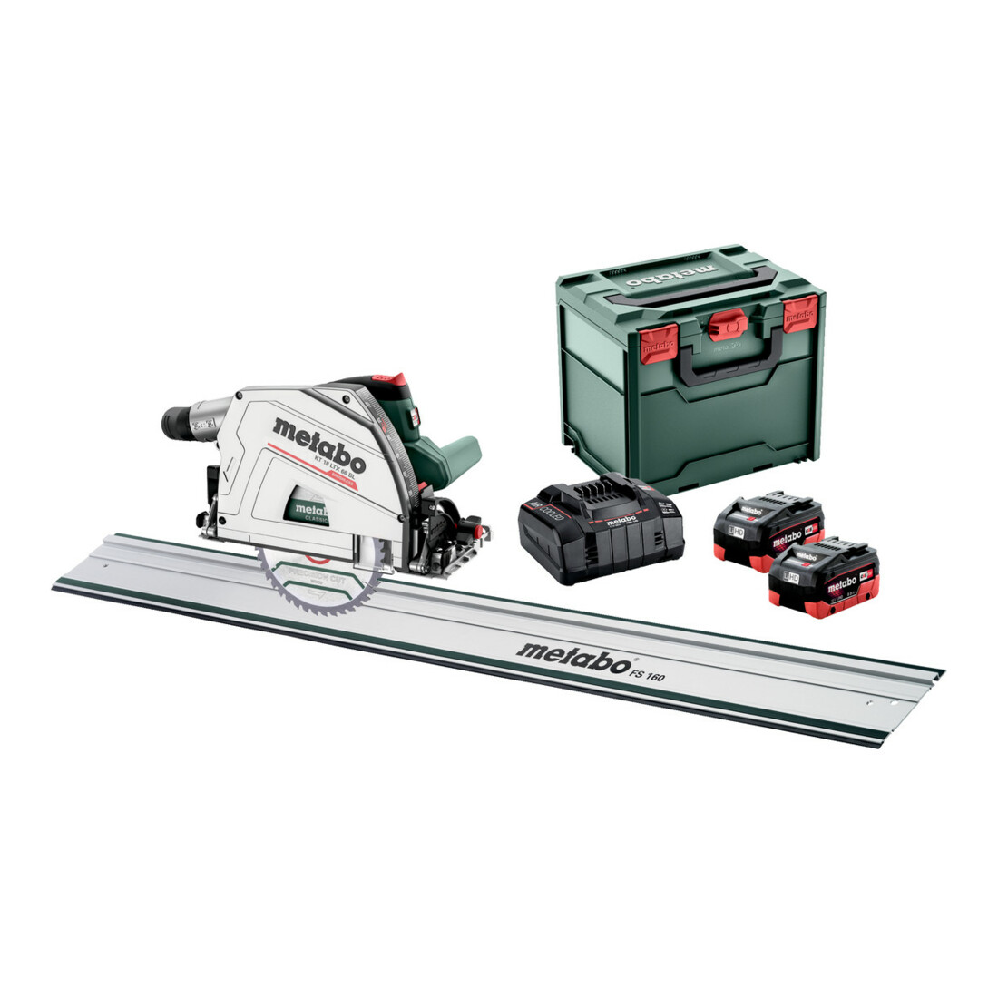 Metabo Akku-Tauchkreissäge KT 18 LTX 66 BL Set mit Führungsschiene FS 160; metaBOX 340; 18V 2x8Ah LiHD + ASC 145
