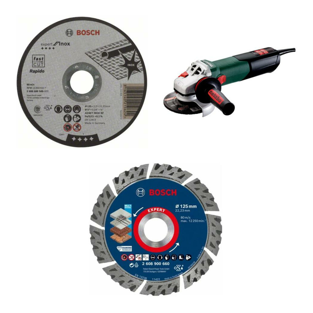Metabo Winkelschleifer WEV 17-125 Quick & Schnellspannmutter – 3-teiliges Set mit Bosch 1 mm Trennscheibe